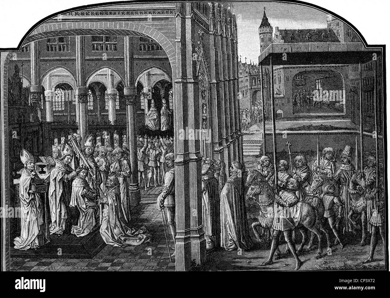 Henry IV 'Bolingske', 3.4.1367 - 20.3.1418, roi d'Angleterre 30.9.1399 - 20.3.1418, couronnement à Westminster, après chroniques de Jean Froissart, vers 1405, gravure sur bois, XIXe siècle, Banque D'Images