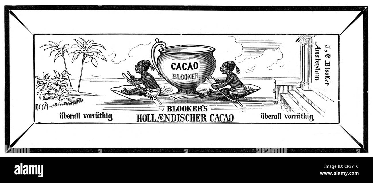 Publicité, boissons, cacao, cacao, cacao hollandais, cacao de Blooker, Amsterdam, pays-Bas, publicité dans un journal allemand, fin du XIXe siècle, publicités, boisson, tasse, tasses, bateau, bateaux, oar, oars, aviron, Rw, Black African, Africains, J. C. Blooker, Hollande, historique, historique, droits additionnels-Clearences-non disponible Banque D'Images