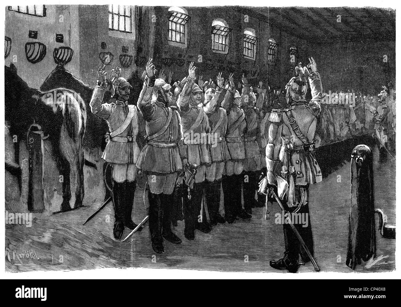 Militaire, Allemagne, Prusse, membres du régiment du Garde du corps prussien pendant la cérémonie d'assermentation, gravure en bois de Richard Knoetel, publié en 1888, droits additionnels-Clearences-non disponible Banque D'Images