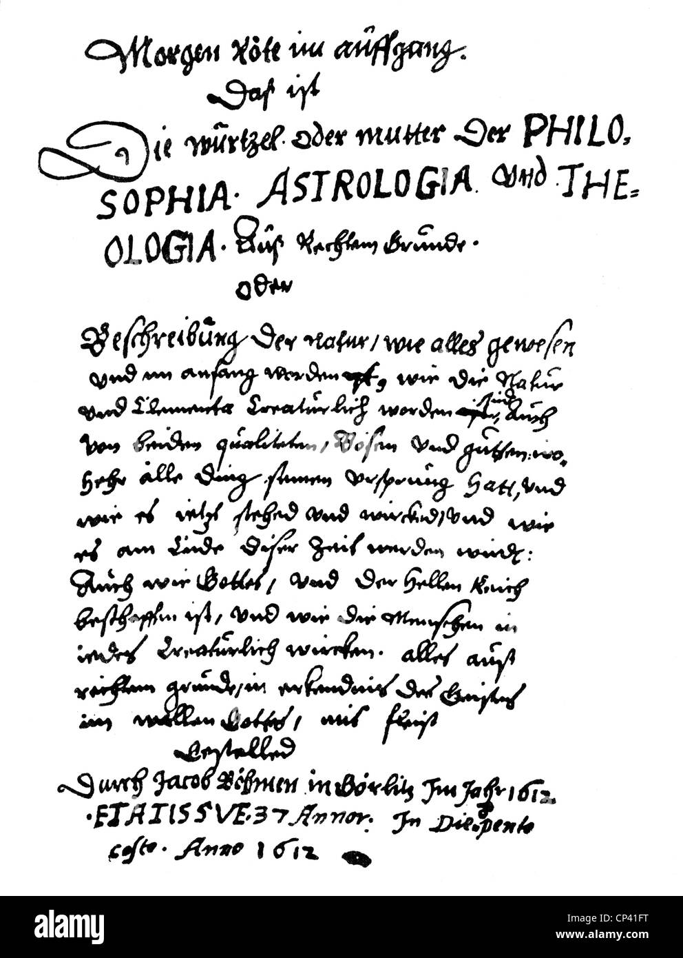 Boehme, Jakob, 1575 - 17.11.1624, philosophe allemand, œuvres 'Aurora oder die Morgenroete im Aufgang', première page, Goerlitz, 1612, Banque D'Images