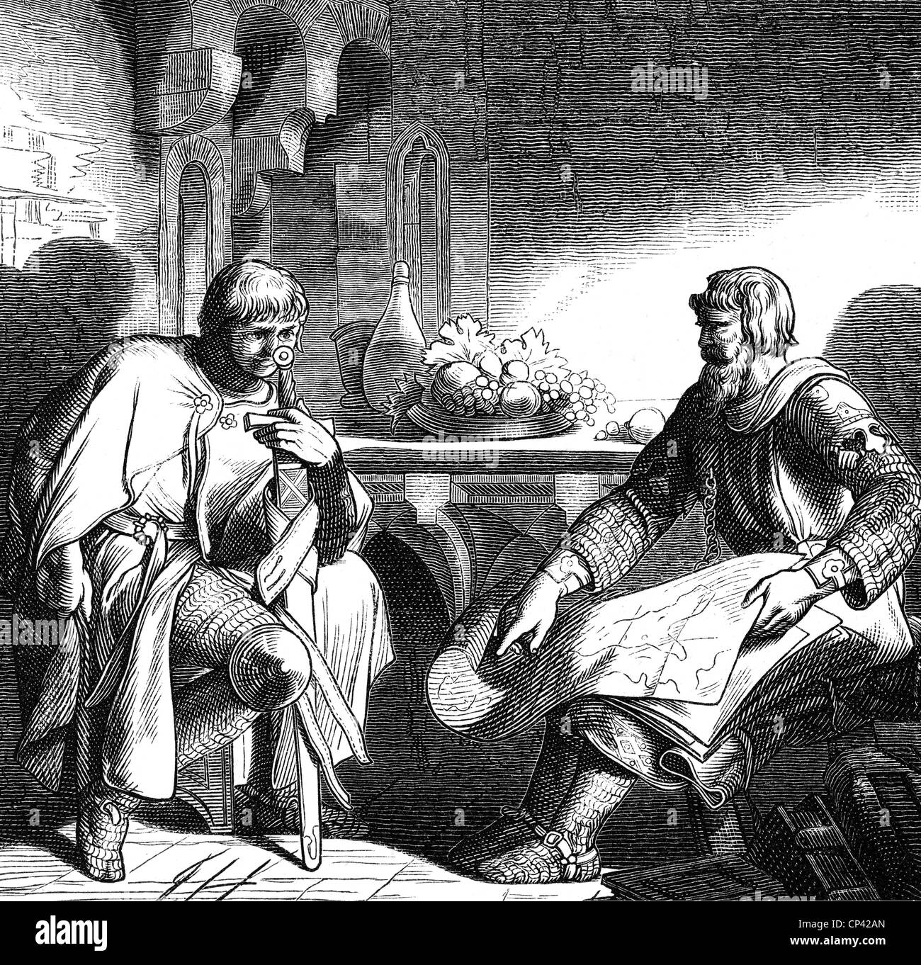 Frederick II, 26.12.1194 - 13 12.1250, Saint-empereur romain 1220 - 1250, pleine longueur, avec Hermann von Salza, gravure en bois, XIXe siècle, Banque D'Images