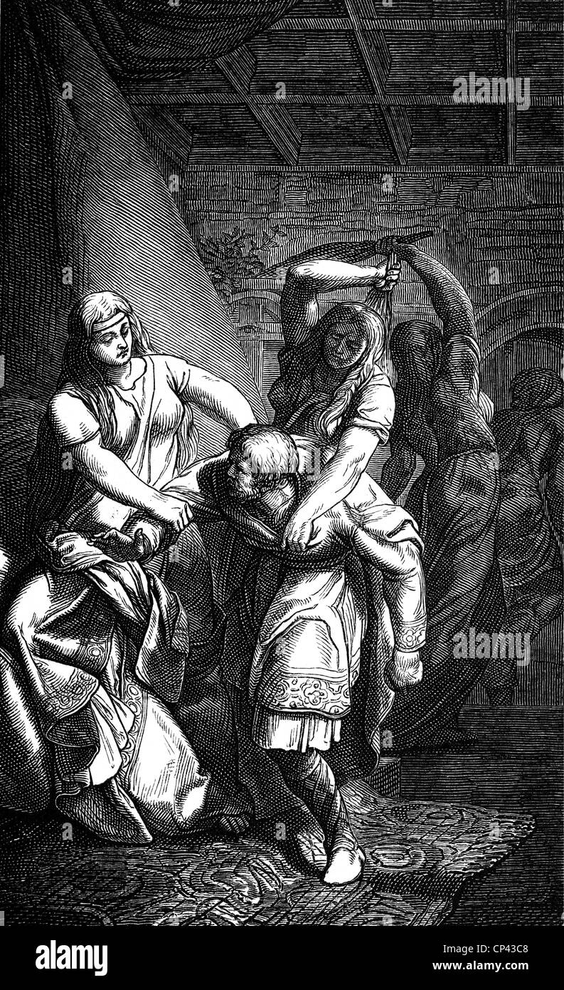 Heinrich IV., 11.11.1050 - 7.8.1106, empereur romain Saint 1084 - 1105, scène, intrigue échouée contre sa femme Bertha, le roi est battu avec des birches par sa femme et ses dames de cour, gravure en bois, XIXe siècle, Banque D'Images
