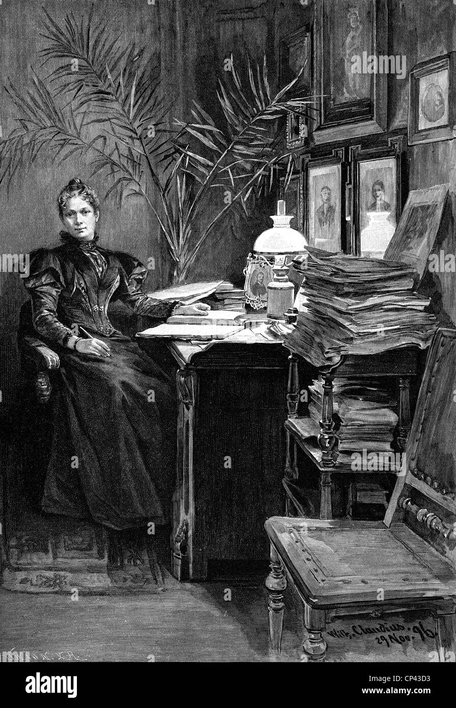 Heimburg, Wilhelmine, 7.9.1848 - 9.9.1912, romancier allemand, pleine longueur, dans son étude, gravure sur bois après un dessin de Wilhelm Claudius, 1896, Banque D'Images