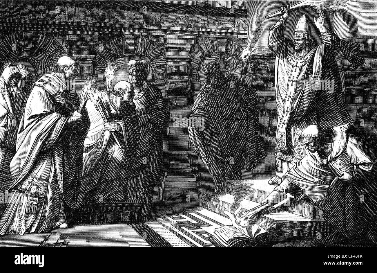 Innocent IV (Sinibaldo Fieschi), vers 1195 - 7.12.1254, pape 1243 - 1254, scène, proclamant l'anathème sur l'empereur Frederick II, 17.7.1245, gravure sur bois, XIXe siècle, Banque D'Images