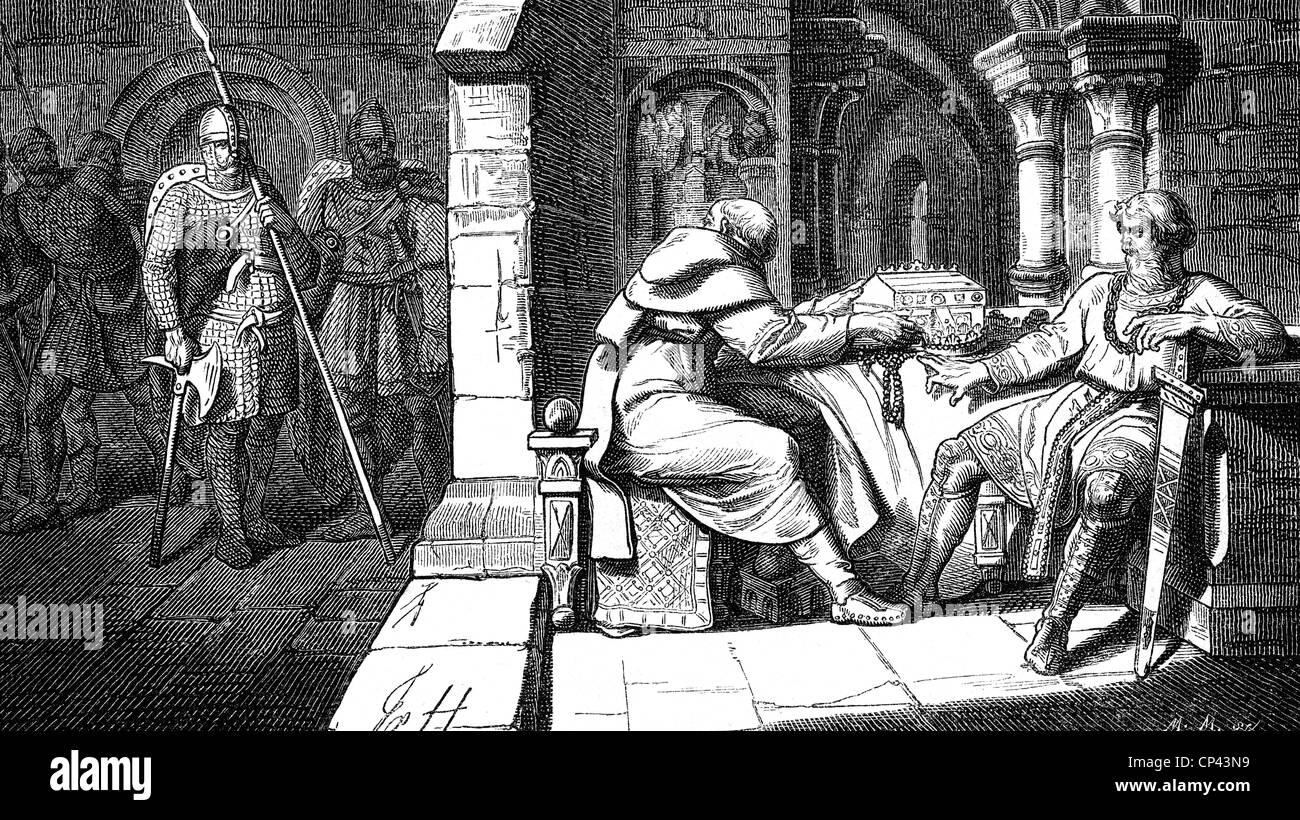 Heinrich IV., 11.11.1050 - 7.8.1106, Saint empereur romain 1084 - 1105, scène, sa tentative échouée d'échapper au Reichstag (Régime impérial) à Trebur, Janvier 1066, gravure en bois, XIXe siècle, Banque D'Images