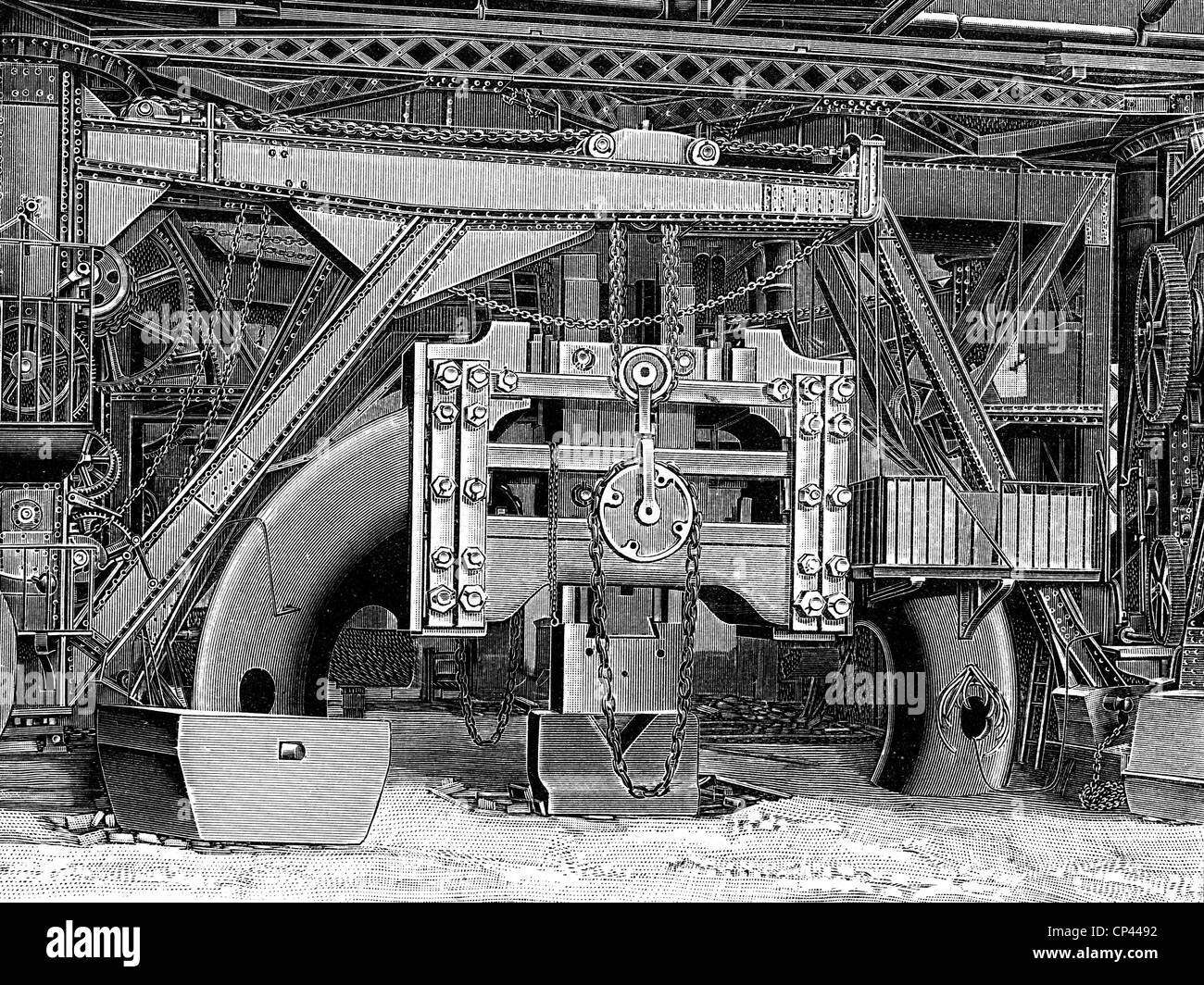 Industrie, métal, Krupp, Essen, steelwork, 1000 centième poids Nielsen marteau à vapeur 'Fritz', gravure en bois, vers 1895, droits supplémentaires-Clearences-non disponible Banque D'Images