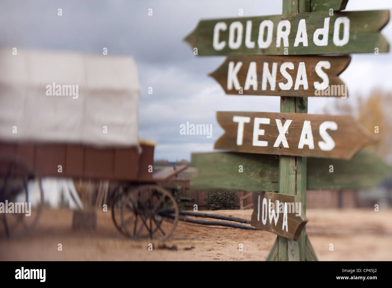 Signe de pointage Colorado Kansas Texas sur un post Banque D'Images