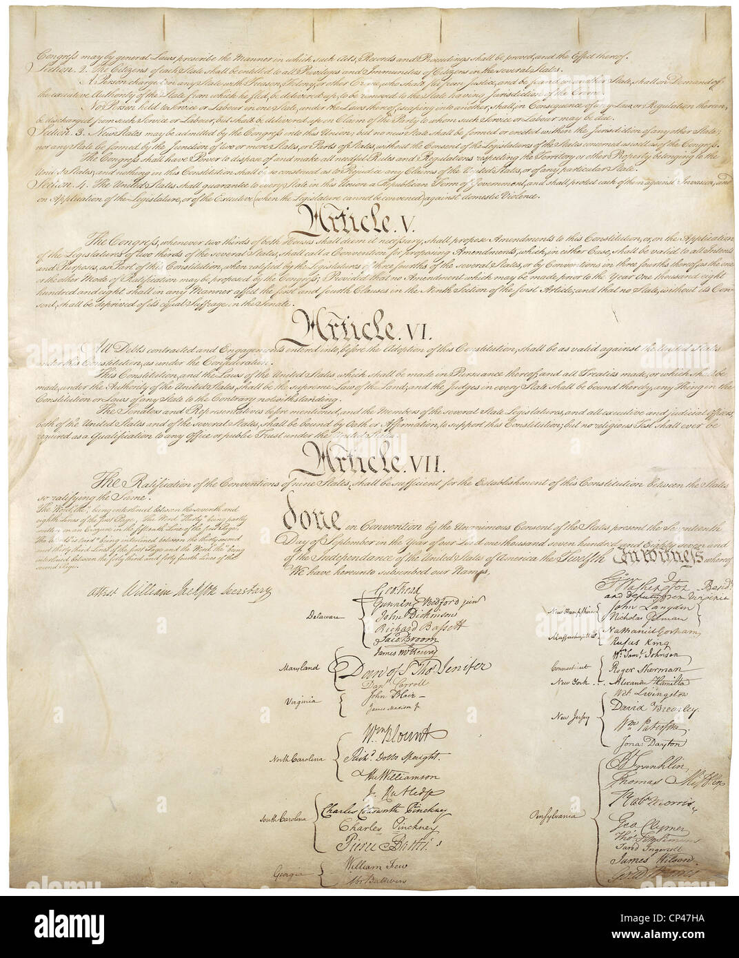 Constitution des États-Unis d'Amérique. Page de signature de quatre pages du National Archives copie créée dans le Banque D'Images