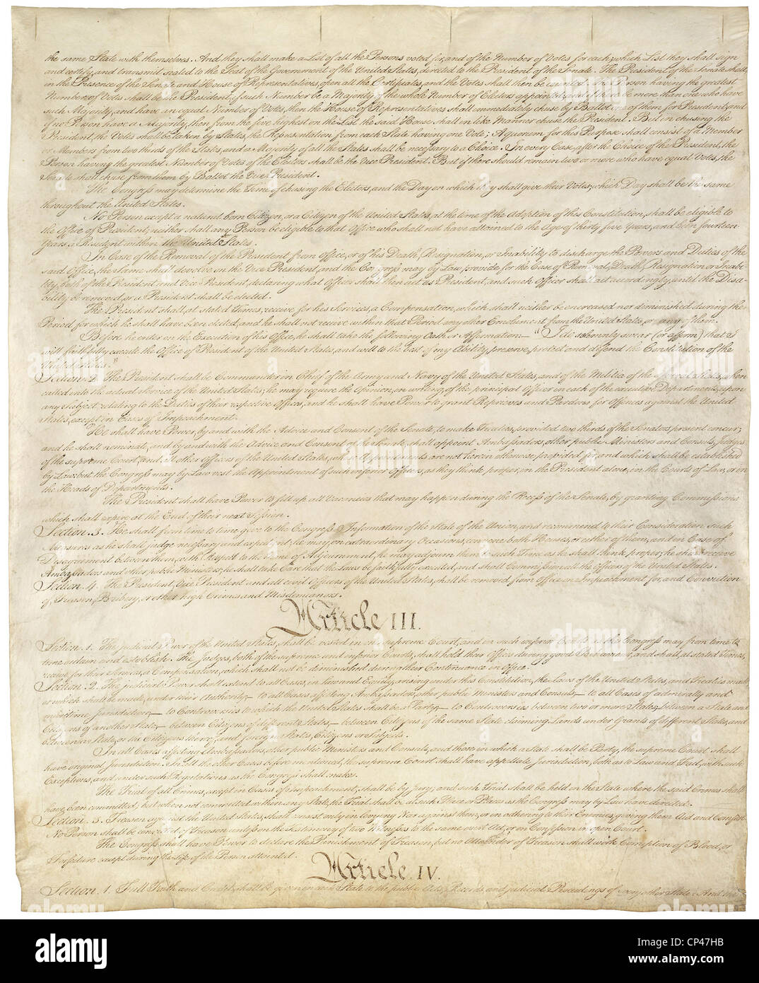Constitution des États-Unis d'Amérique. Troisième de quatre pages du National Archives copie créée dans la Constitution Banque D'Images