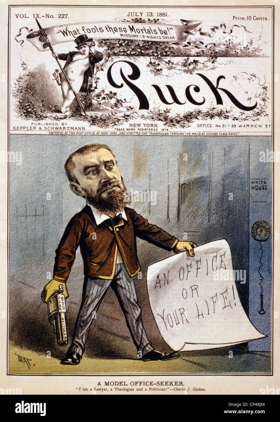 Caricature de Charles J. Guiteau assassin présidentiel holding pistolet et l'étude la lecture d'un bureau ou votre vie 1881 Banque D'Images