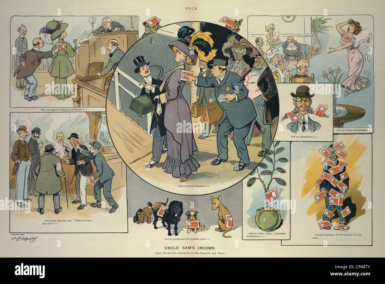 Le revenu de l'ONCLE SAM 21 avril 1909 une caricature suggérant diverses taxes sur les activités de la richesse le mariage et le divorce au lieu des chiens etc. Banque D'Images