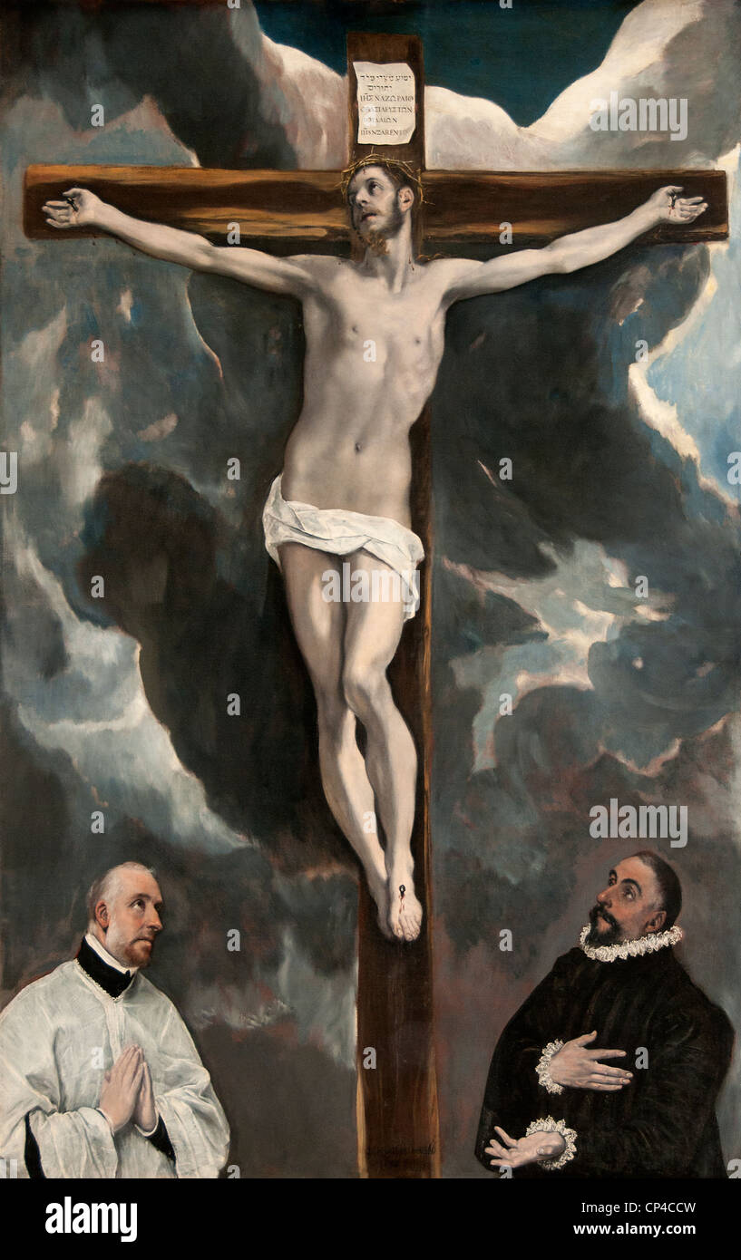 Le Christ en croix adoré par deux donateurs par EL GRECO Domenikos Theotokopoulos 1541 1614 Espagnol Espagne Banque D'Images