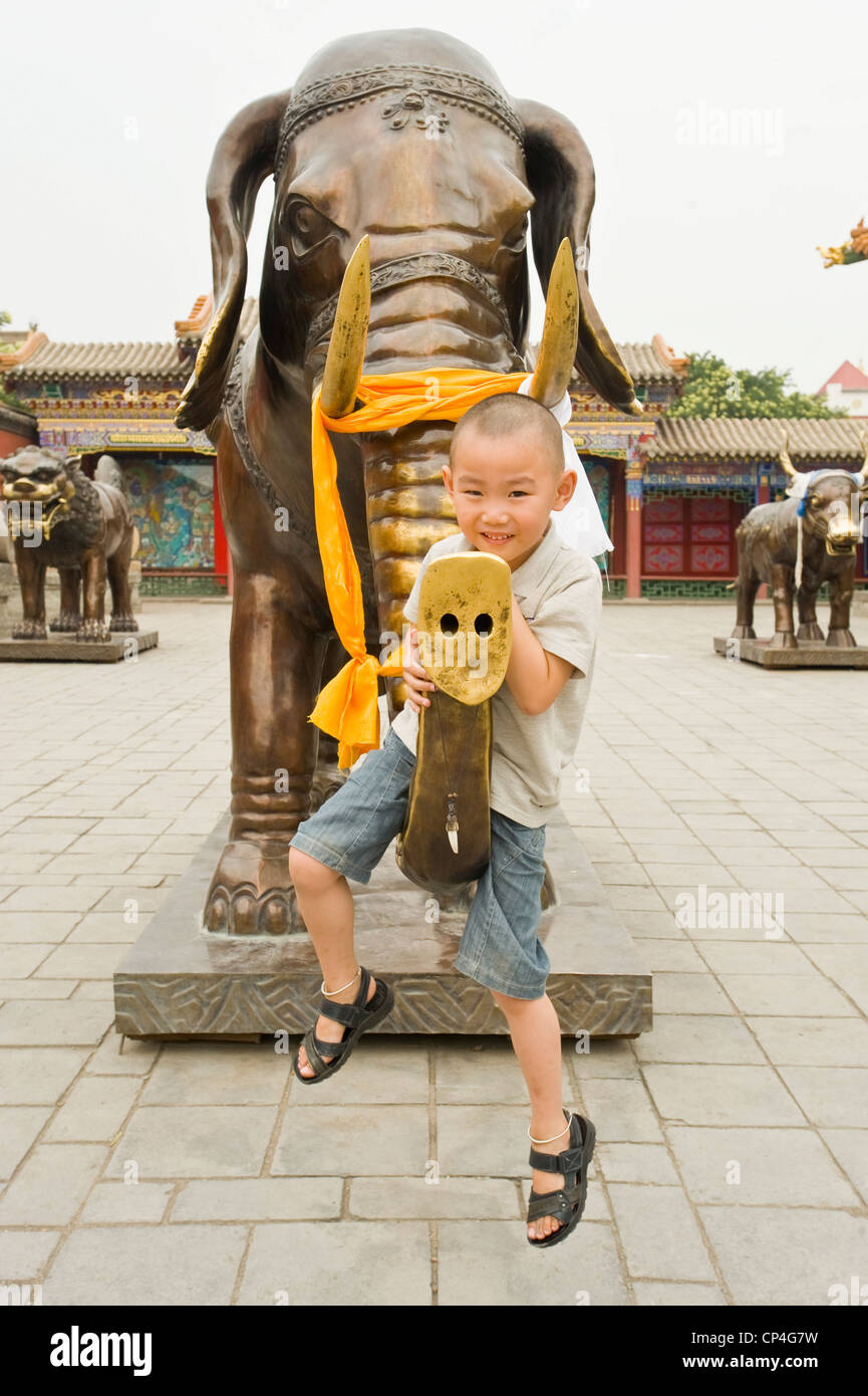 Des statues d'animaux en bronze à l'Dazhao Temple qui sont porte-guarders extraordinaire et effrayer les démons de l'hôtel. Banque D'Images