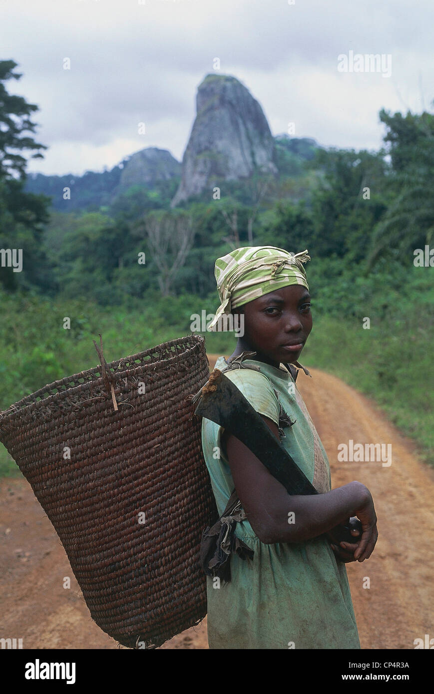 Région du Sud Cameroun Ebolowa. Femme avec panier sur son dos, sur fond d'AKO Akas falaise qui s'élève dans les forêts tropicales Banque D'Images