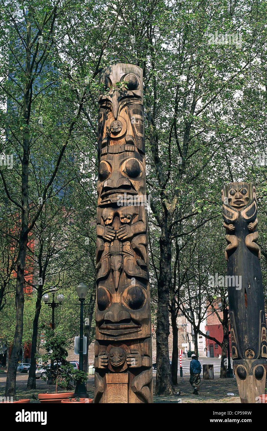 United States of America - Washington - Seattle. Pioneer Square, totem indien. Banque D'Images