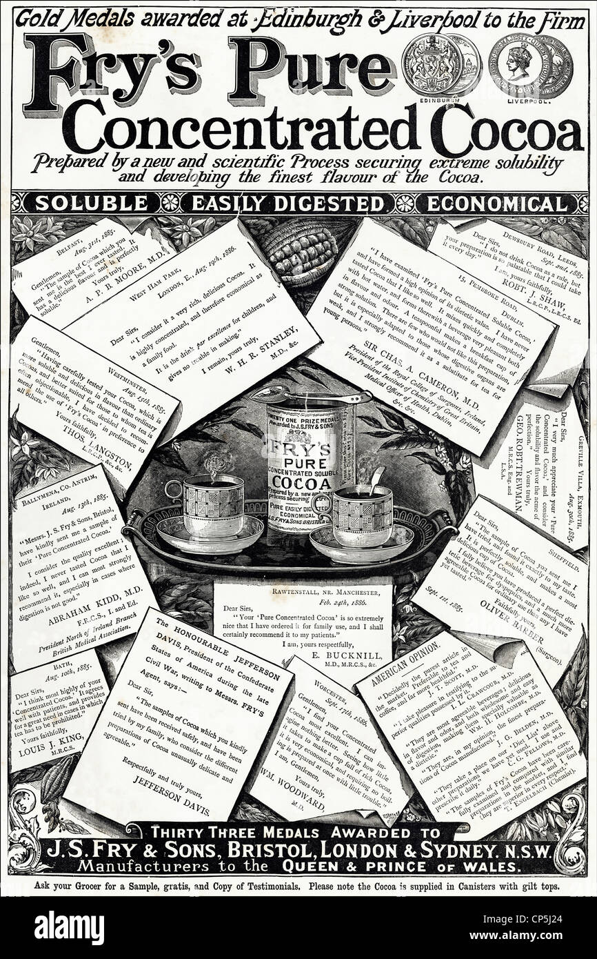 Publicité Publicité victorienne d'alevins CONCENTRÉ PUR CACAO par nomination royale à la reine Victoria et Prince de Galles. En date du 13 juin 1887. Banque D'Images