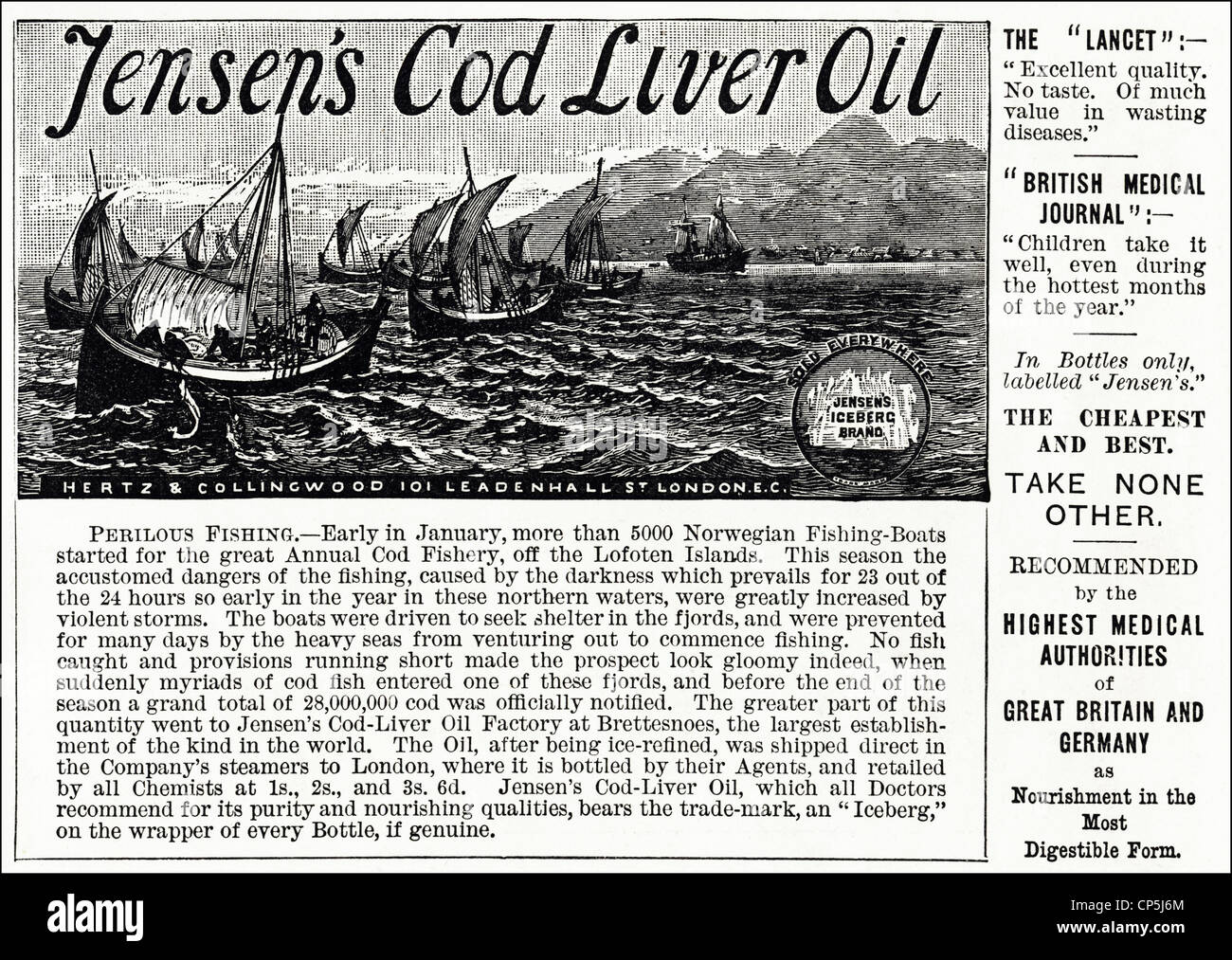 Publicité Publicité victorienne originale JENSEN L'HUILE DE FOIE DE MORUE. En date du 13 juin 1887. Banque D'Images