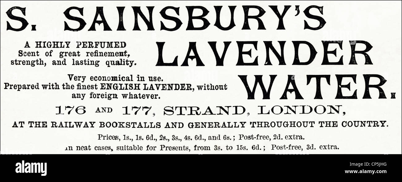Publicité Publicité victorienne d'eau de lavande par S. SAINSBURY. En date du 13 juin 1887. Banque D'Images