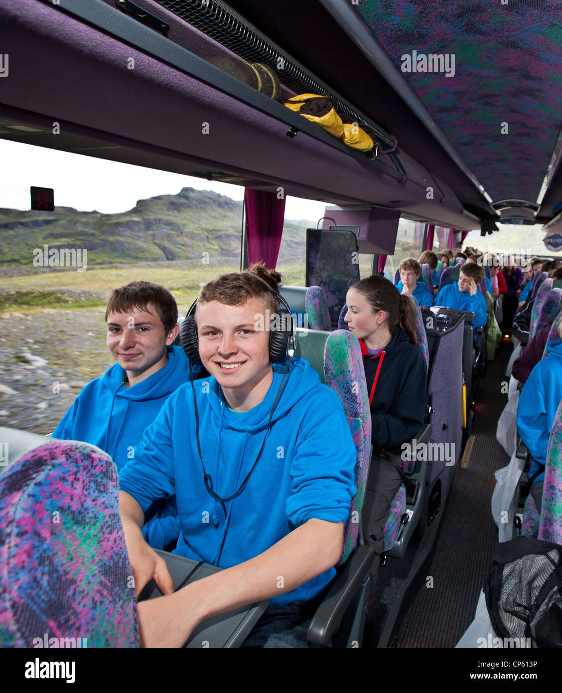 Groupe scolaire sur bus tour, Islande Banque D'Images