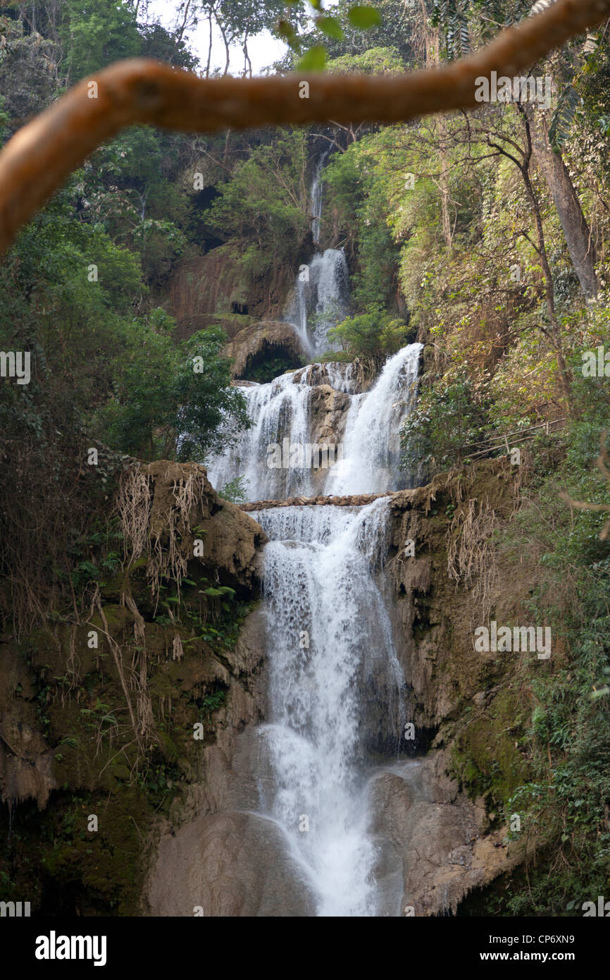 La cascade à plusieurs niveaux de Kuang Si dans le parc de la forêt du même nom (Luang Prabang - Laos). La cascade de Kuang Si multiniveaux (Laos). Banque D'Images