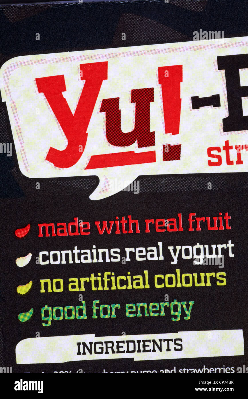 Plus d'informations sur fort de Yu !-Bars - faite avec de vrais fruits, contient du vrai yaourt, aucun colorant, bonne pour l'énergie, les ingrédients Banque D'Images