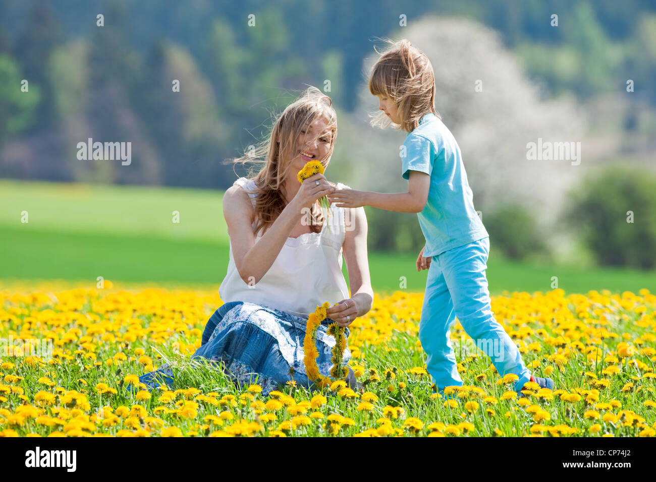 Mère et fils cueillette des fleurs au champ de pissenlits au printemps Banque D'Images