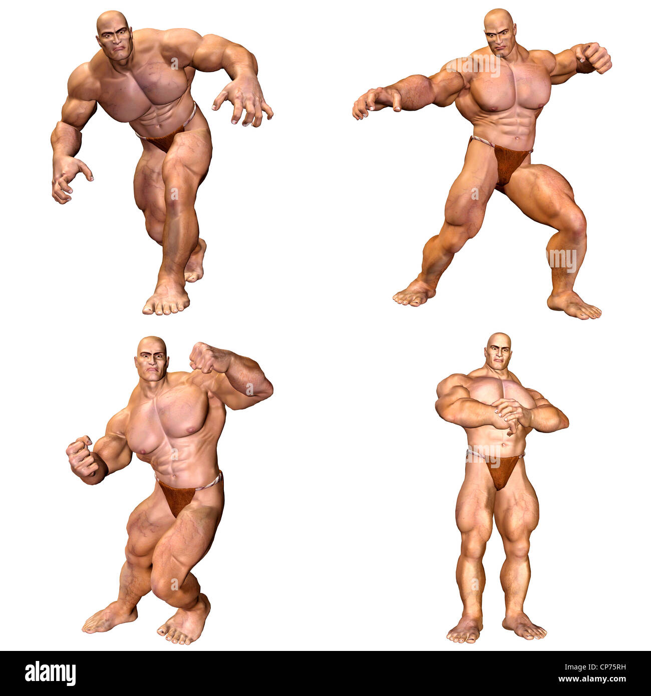 Illustration d'un pack de quatre (4) des hommes musclés avec différentes poses et expressions isolé sur fond blanc - 1de2 Banque D'Images