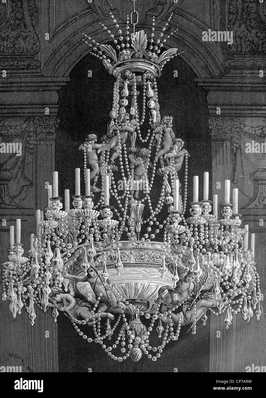 Gravure de vieux Lustre avec des anges par l'artiste Louis Figuier Banque D'Images
