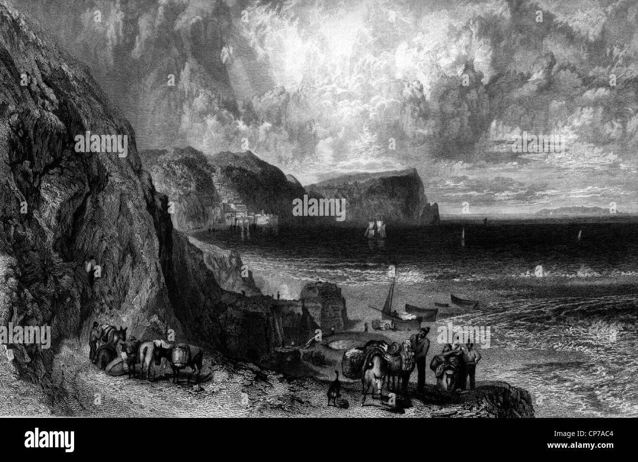 Gravure de la baie de Clovelly, Devon, Angleterre. Gravée par William Miller après J M W Turner. Banque D'Images