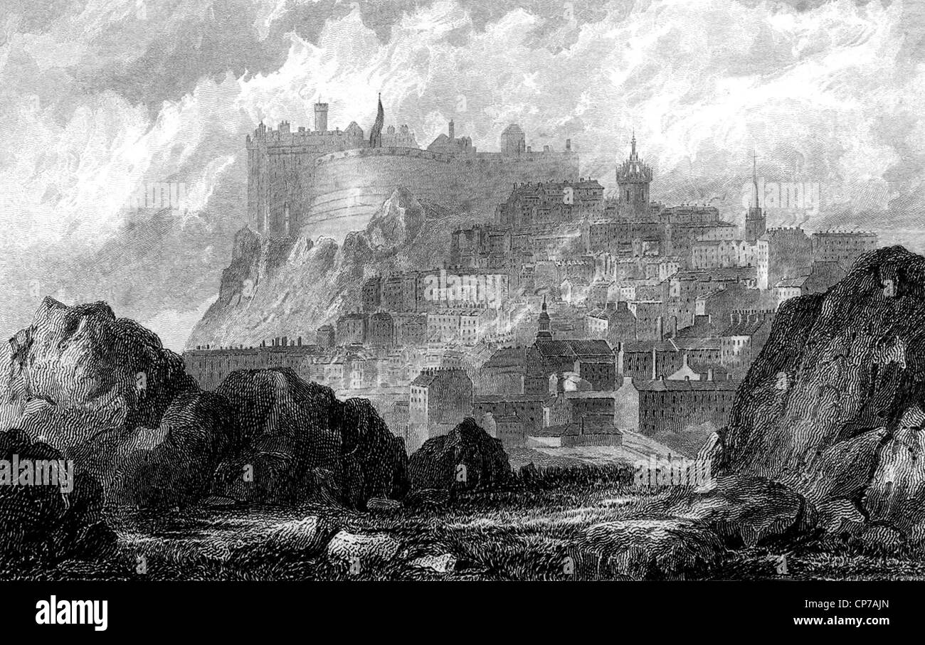 Gravure du château d'Édimbourg sur Castle Rock, Ecosse, gravée par William Miller après G F Sargent en 1832. Banque D'Images