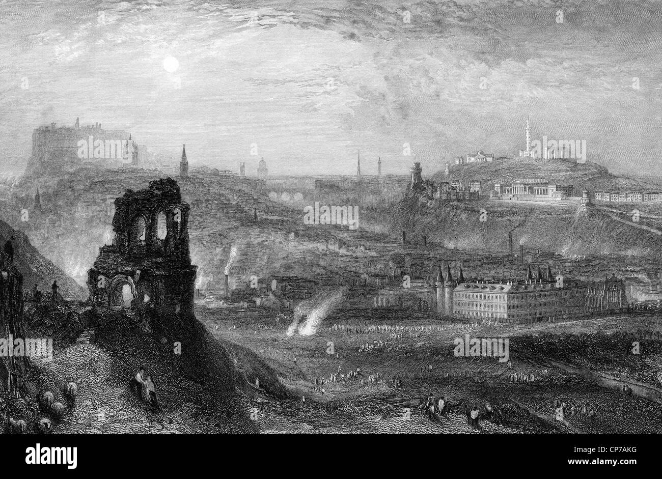 Gravure d'Edinburgh City skyline semblent de Saint Anthony's Chapel, de l'Écosse. Gravée par William Miller en 1838. Banque D'Images