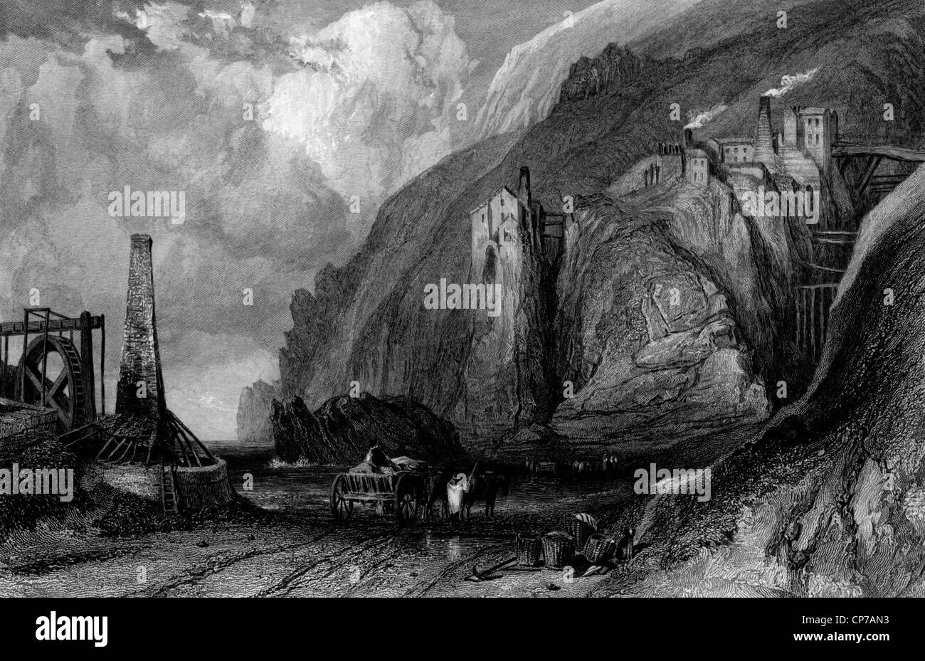 Vue panoramique sur Botallack coastal village tin mine, Cornwall, Angleterre, gravée par William Miller en 1836. Banque D'Images