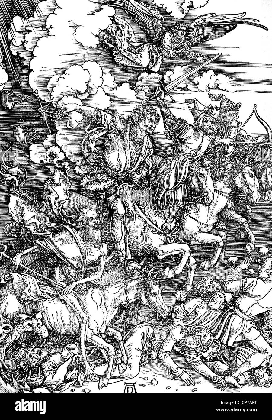 La gravure sur bois par artiste Albrert Dürer intitulée, "l'Apocalypse de saint Jean : 4. Les quatre cavaliers de l'Apocalypse". Banque D'Images