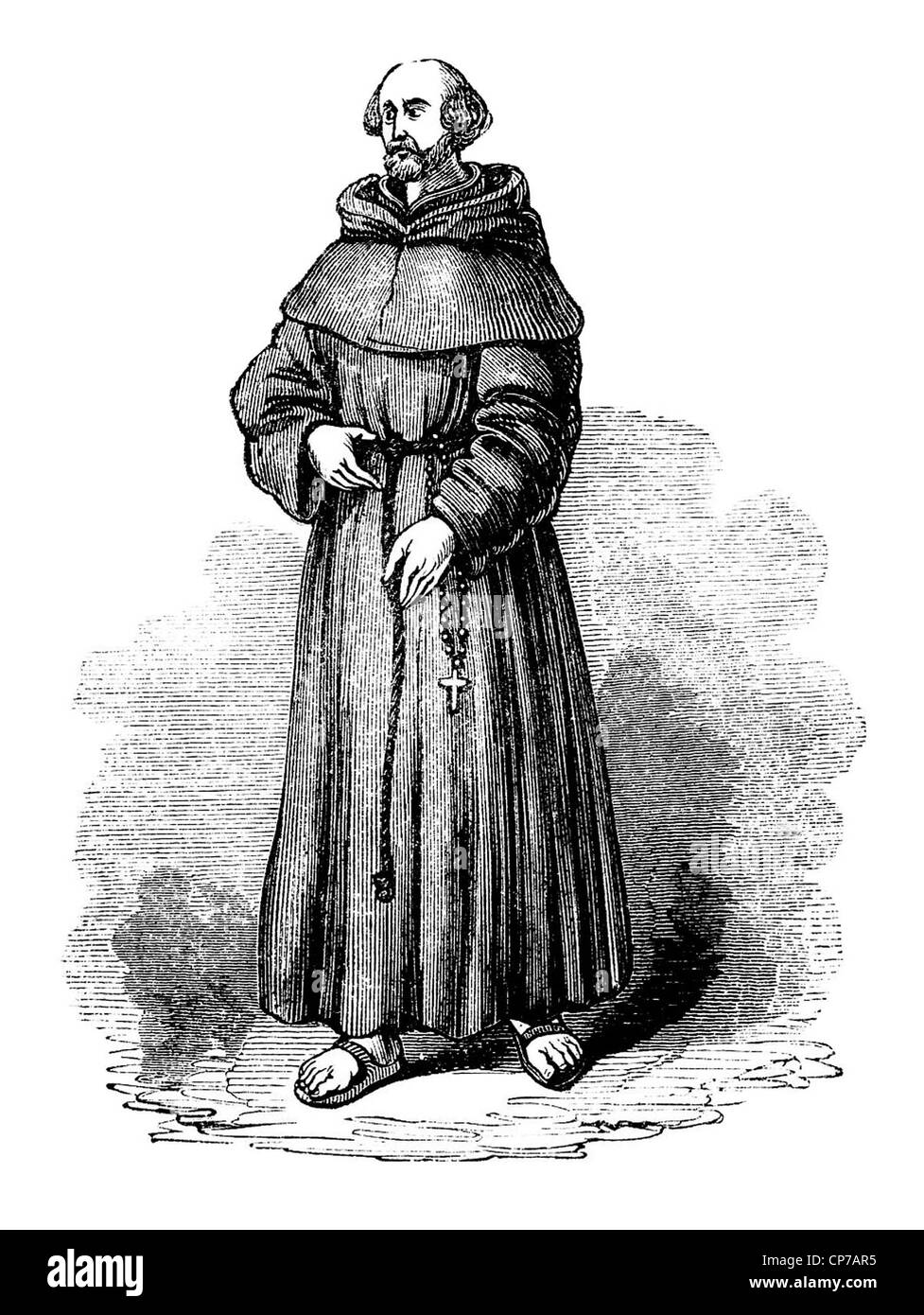 Gravure de moine franciscain frère gris ou isolé sur fond blanc. Banque D'Images