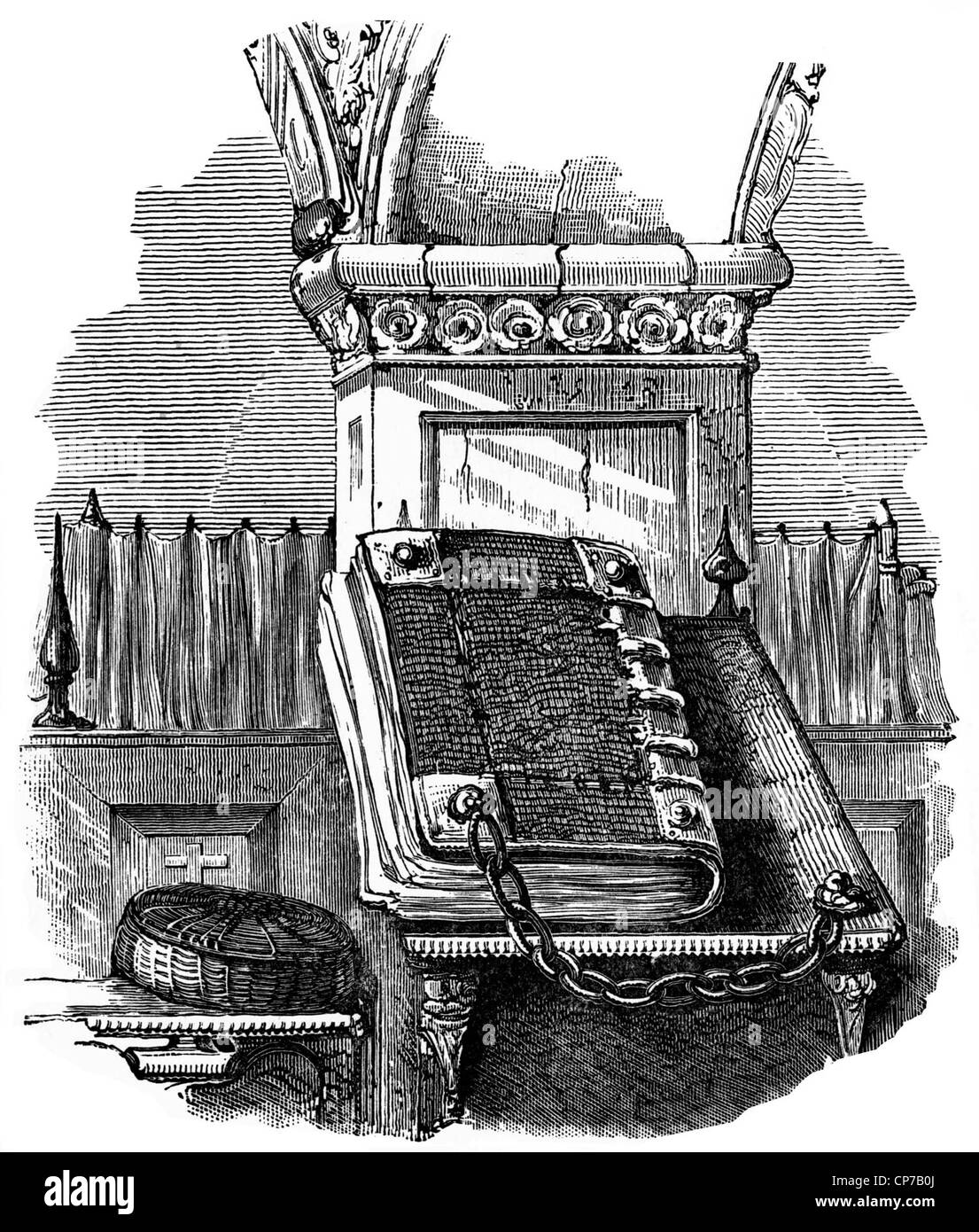Gravure de sainte bible enchaînés à pulpit en église victorienne sur fond blanc. Banque D'Images