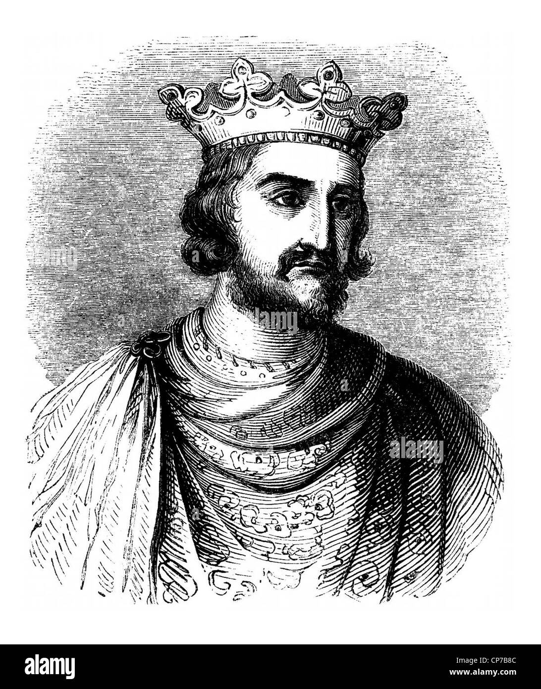 Portrait gravé du roi Henri III d'Angleterre sur fond blanc. Banque D'Images