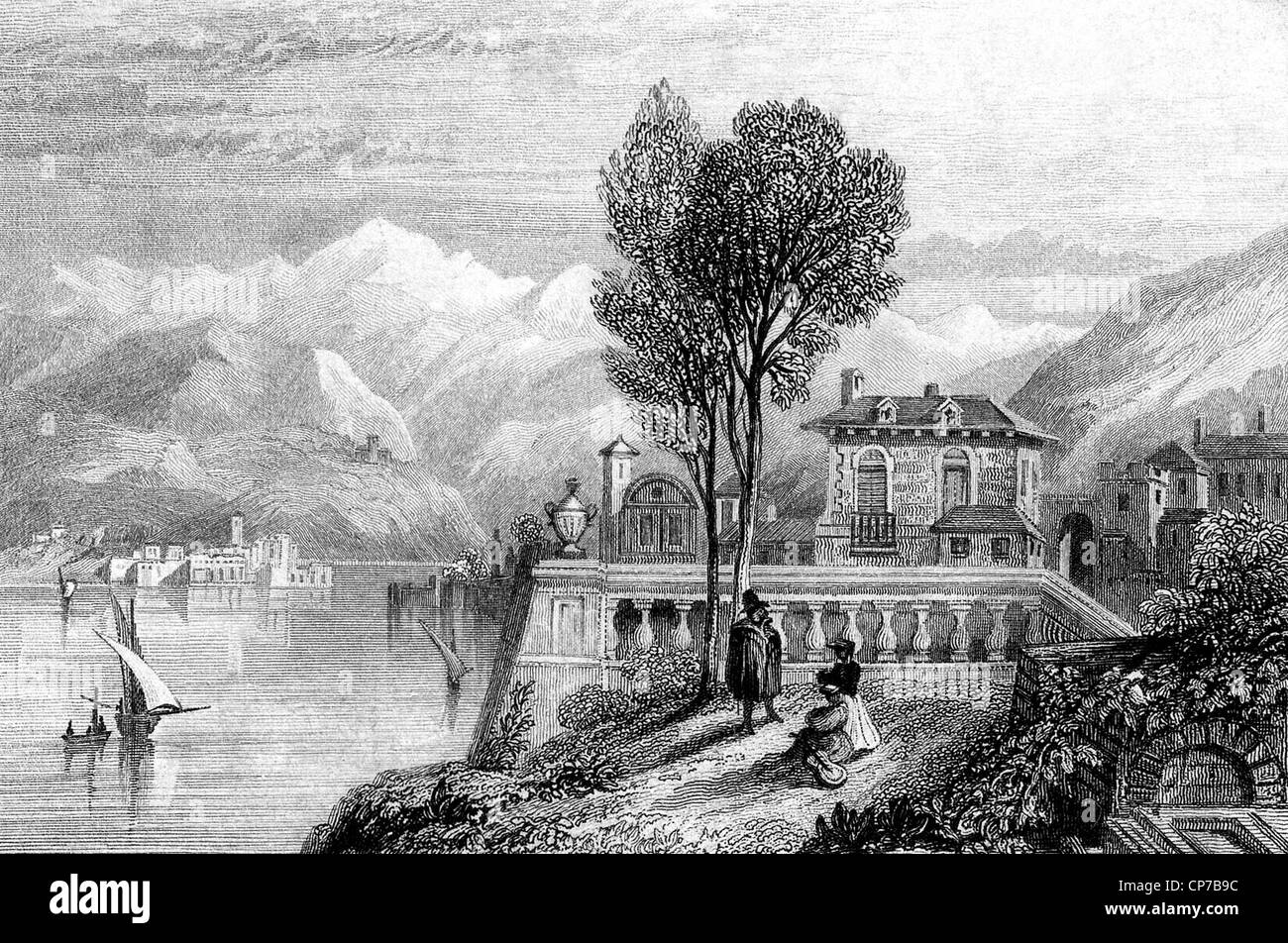 Gravure du lac de Genève avec Alpes en arrière-plan. Banque D'Images