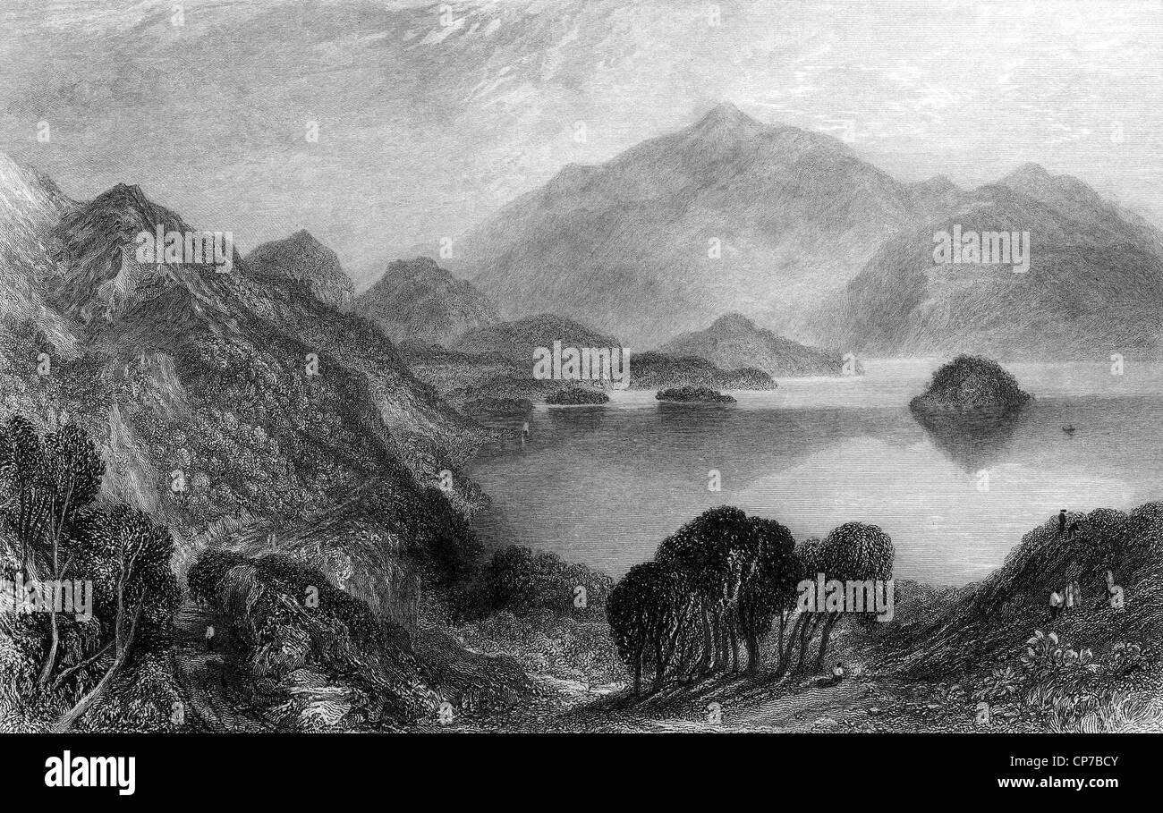 Gravure de Loch Katrine, Stirling, Ecosse. Gravée par William Miller en 1833. Banque D'Images