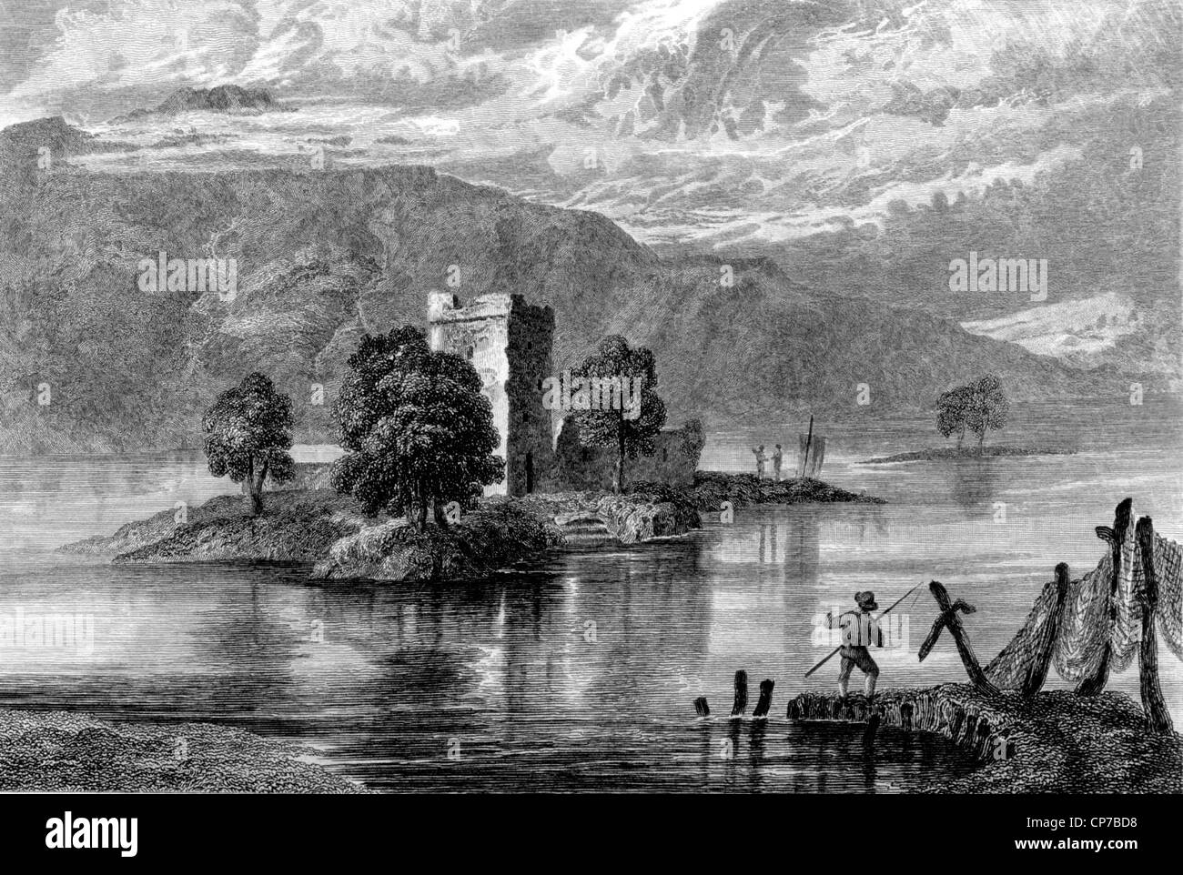 La gravure sur le château de Loch Leven, Perth and Kinross, en Écosse. Gravée par William Miller. Banque D'Images