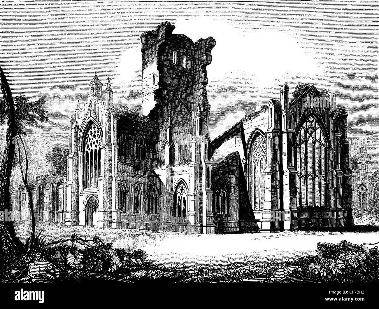 Gravure de Melrose Abbey ruins, en Écosse. Abbaye de melrose est une abbaye de style gothique dans la région de Melrose, en Écosse. Elle a été fondée en 1136 b Banque D'Images