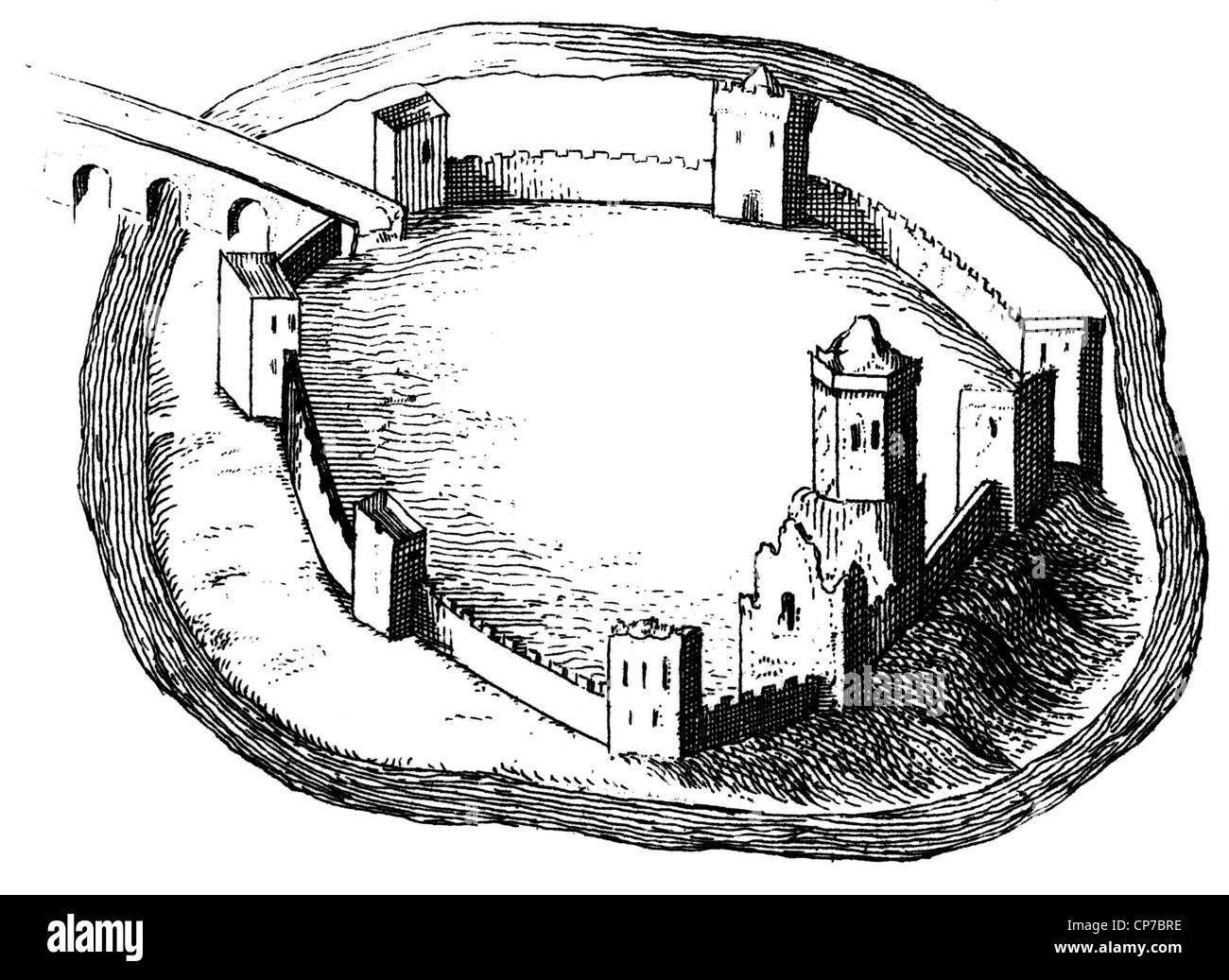 Gravure de château d'Oxford et de la montrer au 11ème siècle, Banque D'Images