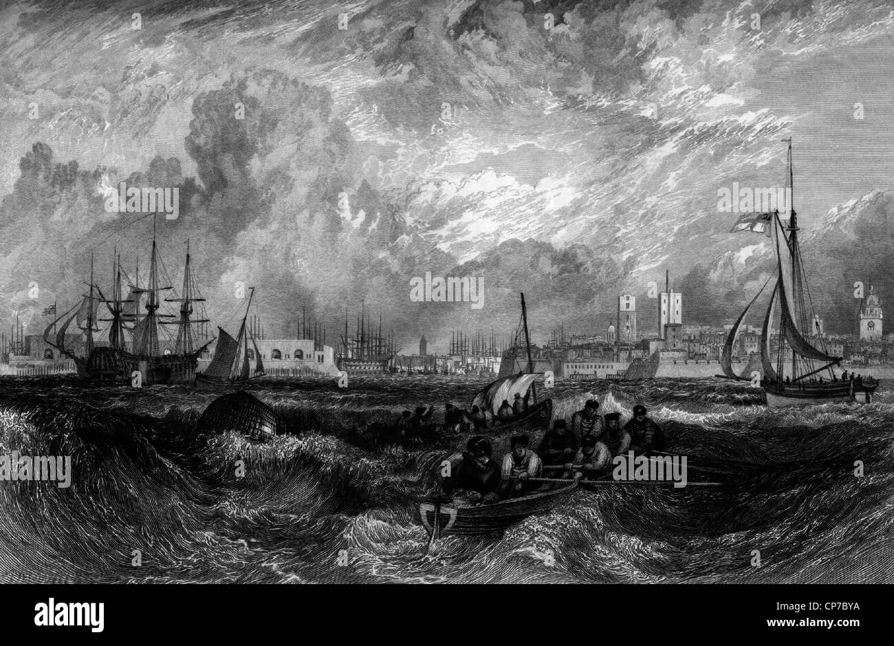 Les navires en mer dans la tempête avec en arrière-plan du port de Portsmouth, Hampshire, Angleterre, Banque D'Images