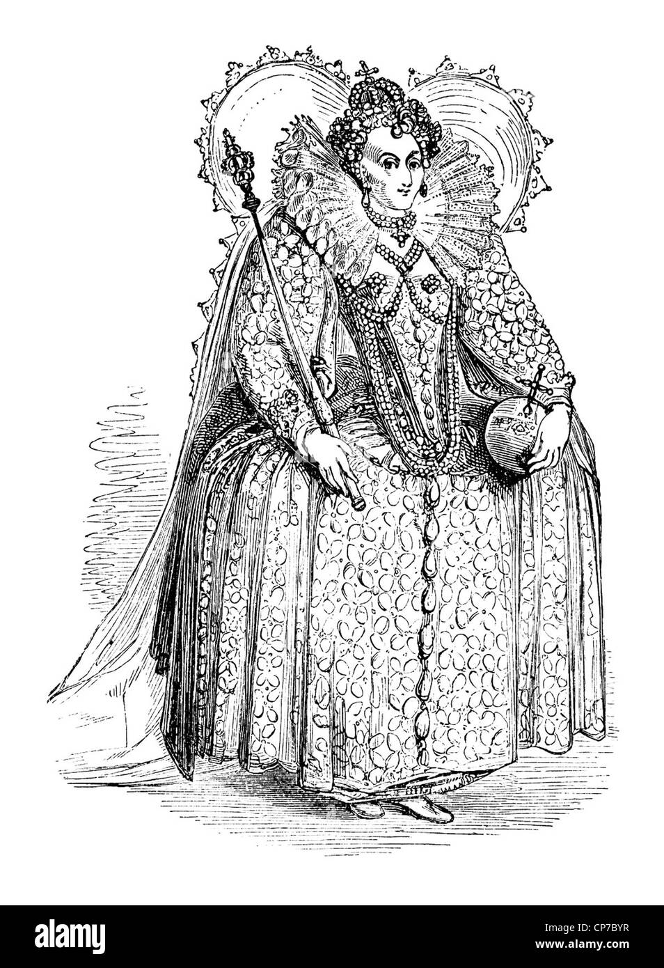 Gravure de la Reine Elizabeth I à l'âge de 55 ans, isolé sur fond blanc, Banque D'Images