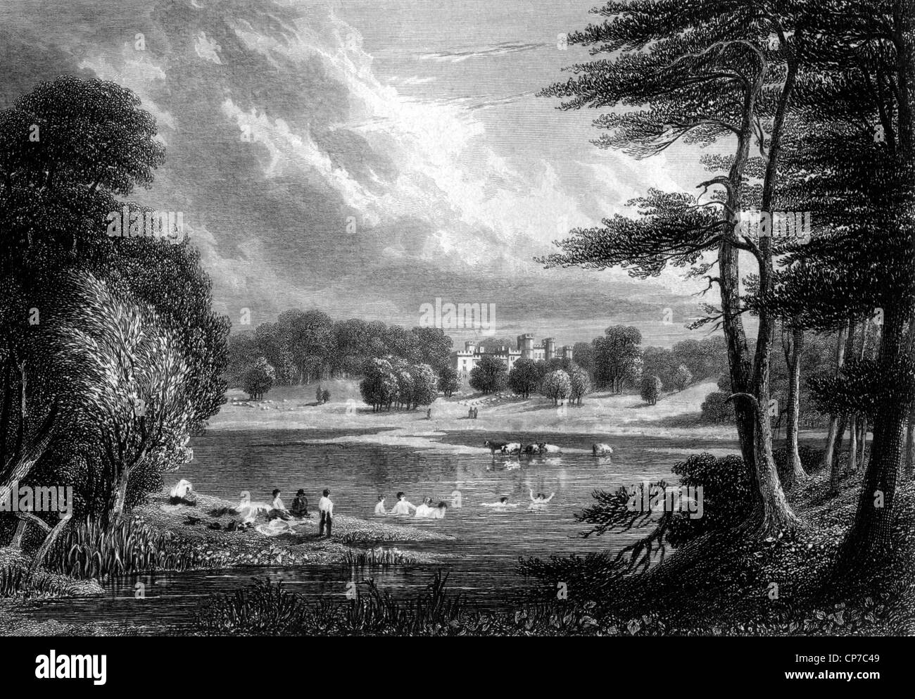 Vue panoramique de Scone Palace avec la natation de personnes en premier plan, lac Perthshire, en Écosse. Banque D'Images