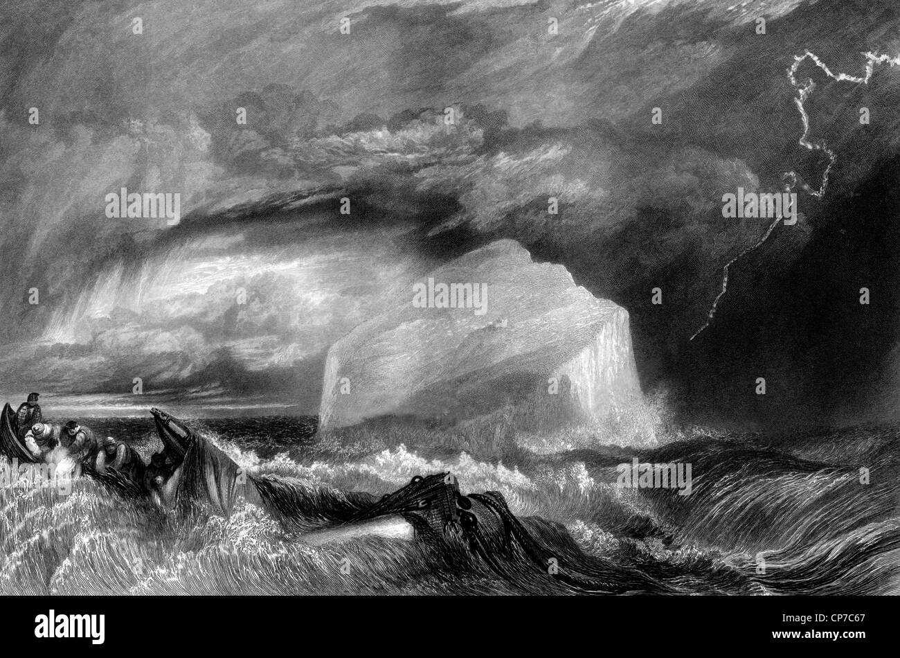 Les marins naufragés en mer agitée avec la foudre, l'île de Bass Rock en arrière-plan, Firth of Forth, en Écosse. Banque D'Images