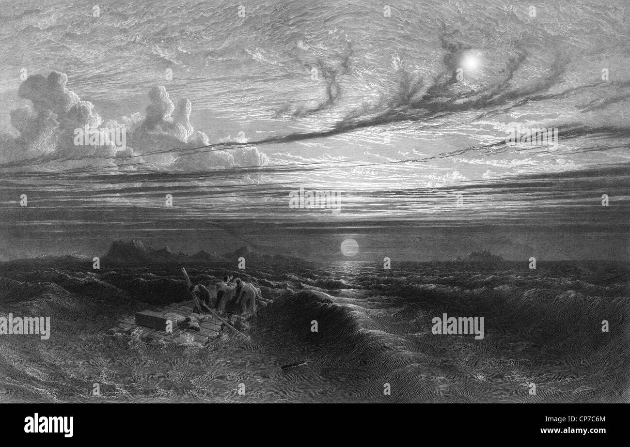 Gravure de marins naufragés ou marins sur radeau de levage de fortune en mer au coucher du soleil après la tempête. Banque D'Images