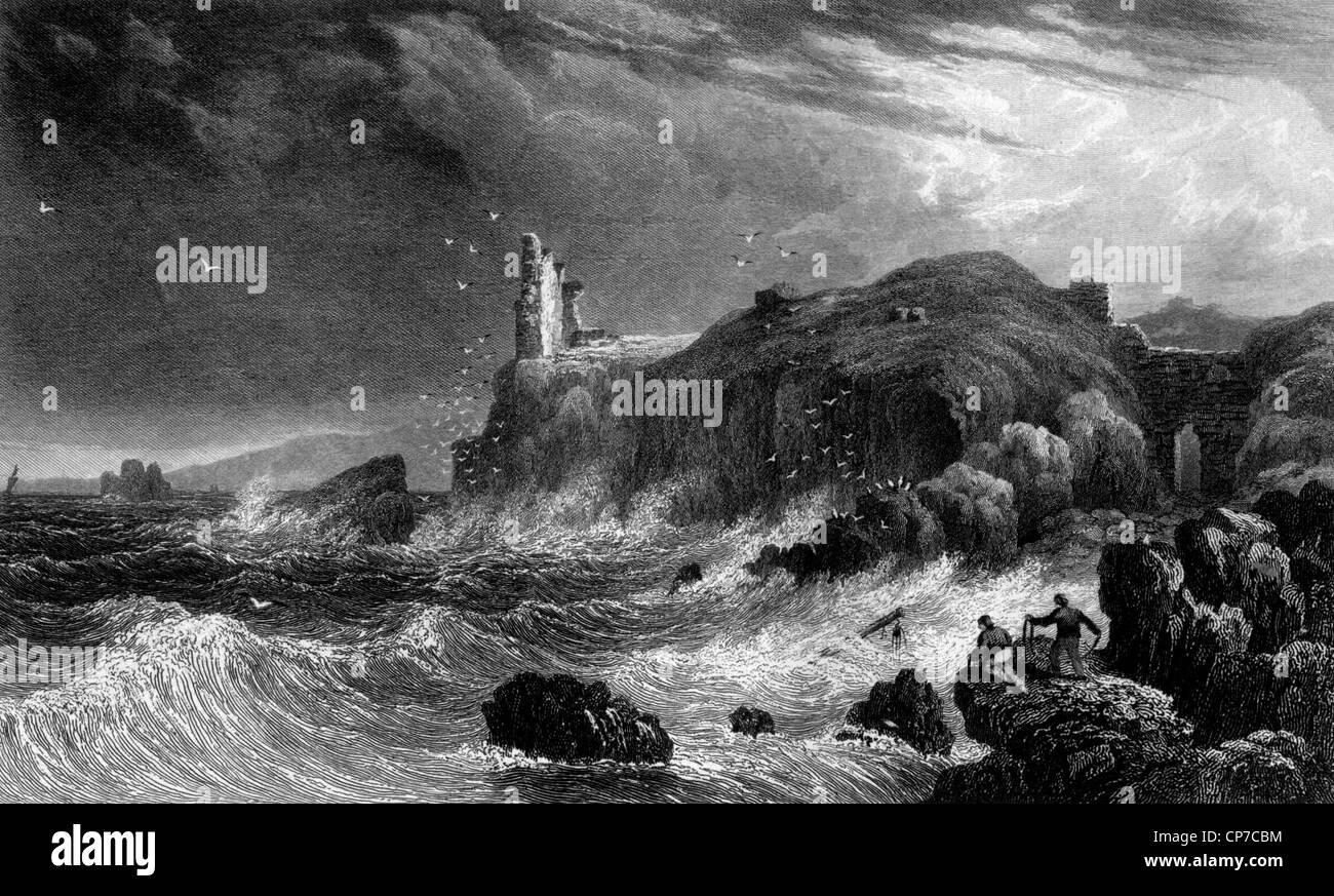 Gravure d'un naufrage dans la tempête avec les ruines de château de Carrick, Loch Goil, Argyll, Scotland. Banque D'Images
