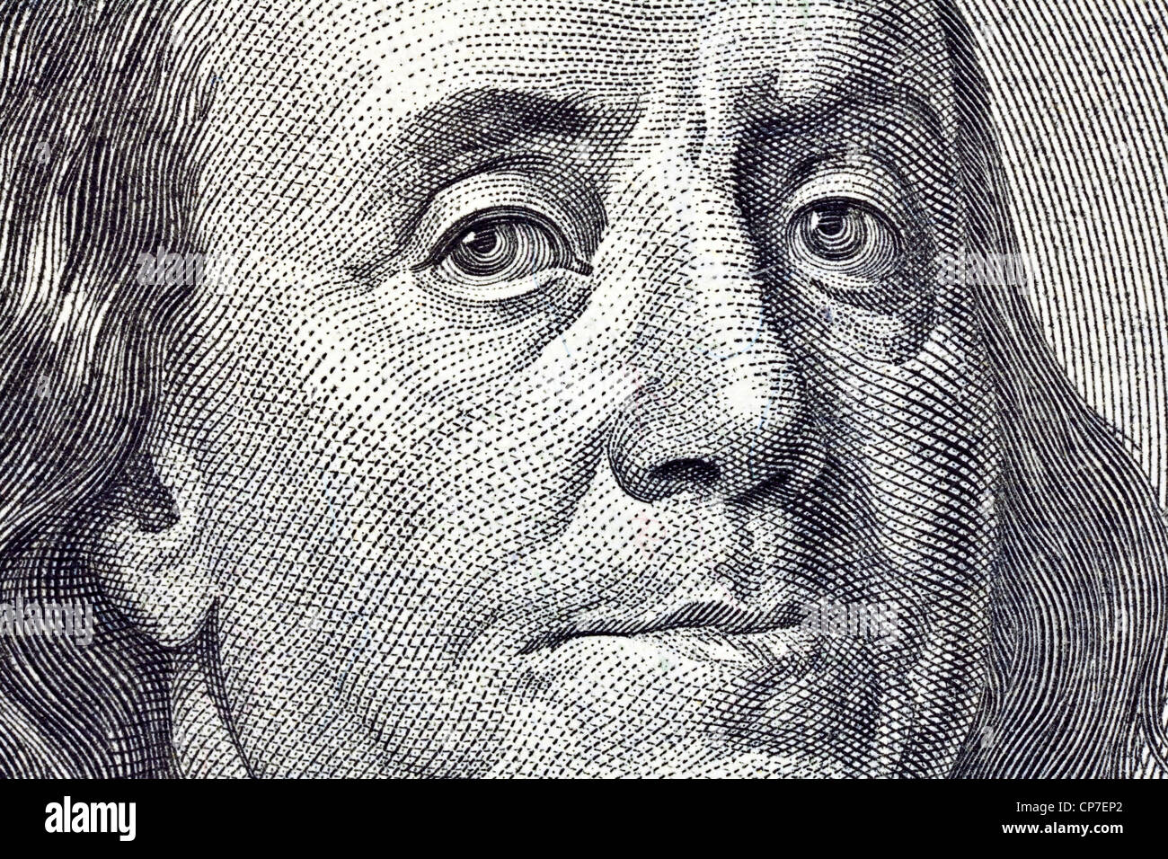 Macro close up de Ben Franklin's face à l'US $100 dollars. Banque D'Images