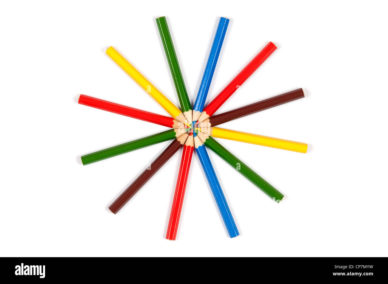Beaucoup de crayons de couleur disposées en cercle sur fond blanc Banque D'Images