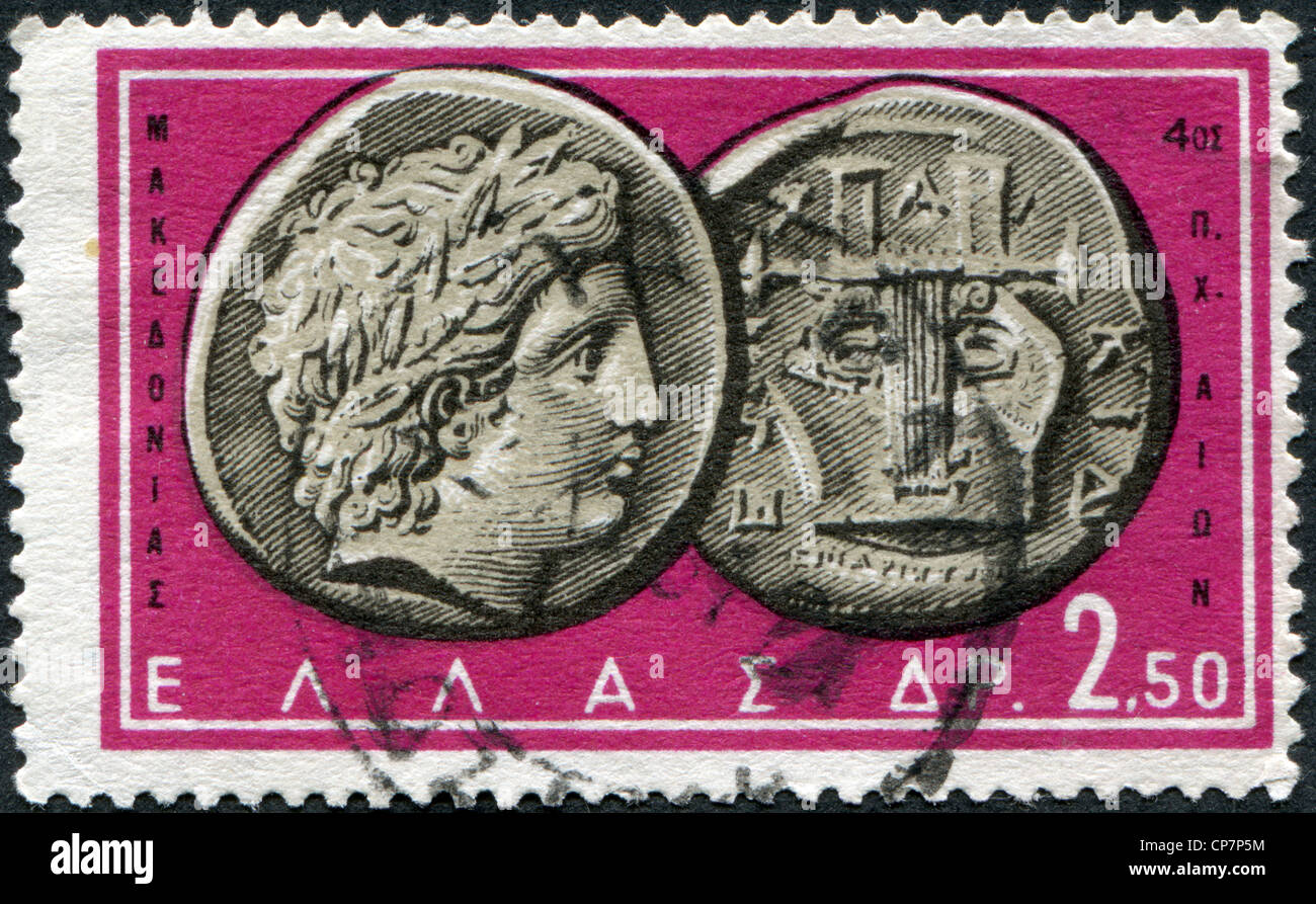 Grèce - circa 1959 : timbres-poste imprimés en Grèce, montre des pièces de la Grèce antique : Apollo & Lyre, circa 1959 Banque D'Images